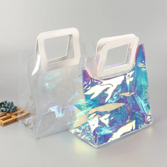 La bolsa de asas del PVC del bolso de hombro del laser del bolso de compras transparente impermeable de China se levanta la bolsa